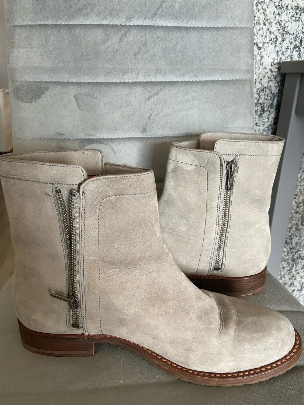 Frye Natalie Light Beige Suede Chukka Boots with 2 Side Zip